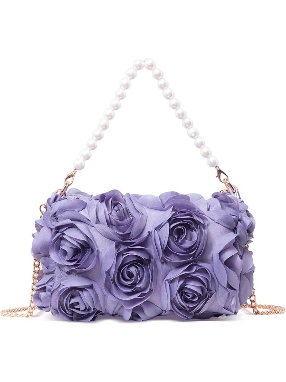 Women's Purple 3D Floral Chiffon Pearl Beaded Top Handle Evening Clutch Purse